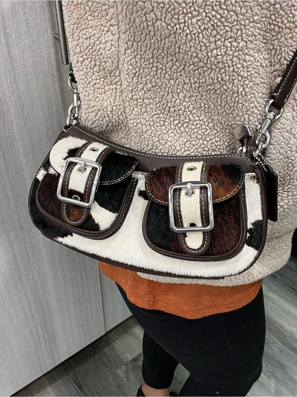 Cowhide Ashton Patch Leather Crossbody Bag in Brown and White - Picture 9 of 12